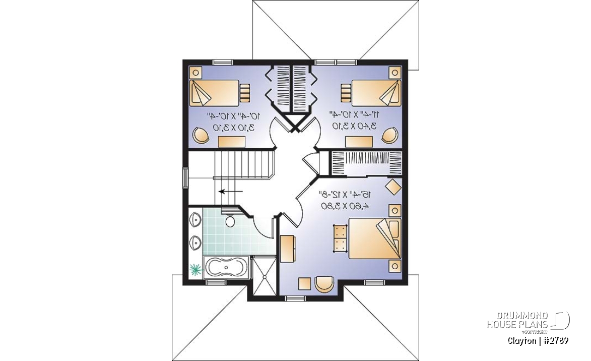2nd level - Country style 2 storey house plan. 3 bedrooms. a veranda and a covered porch - Clayton