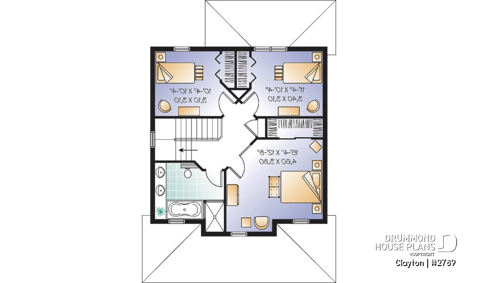 2nd level - Country style 2 storey house plan. 3 bedrooms. a veranda and a covered porch - Clayton