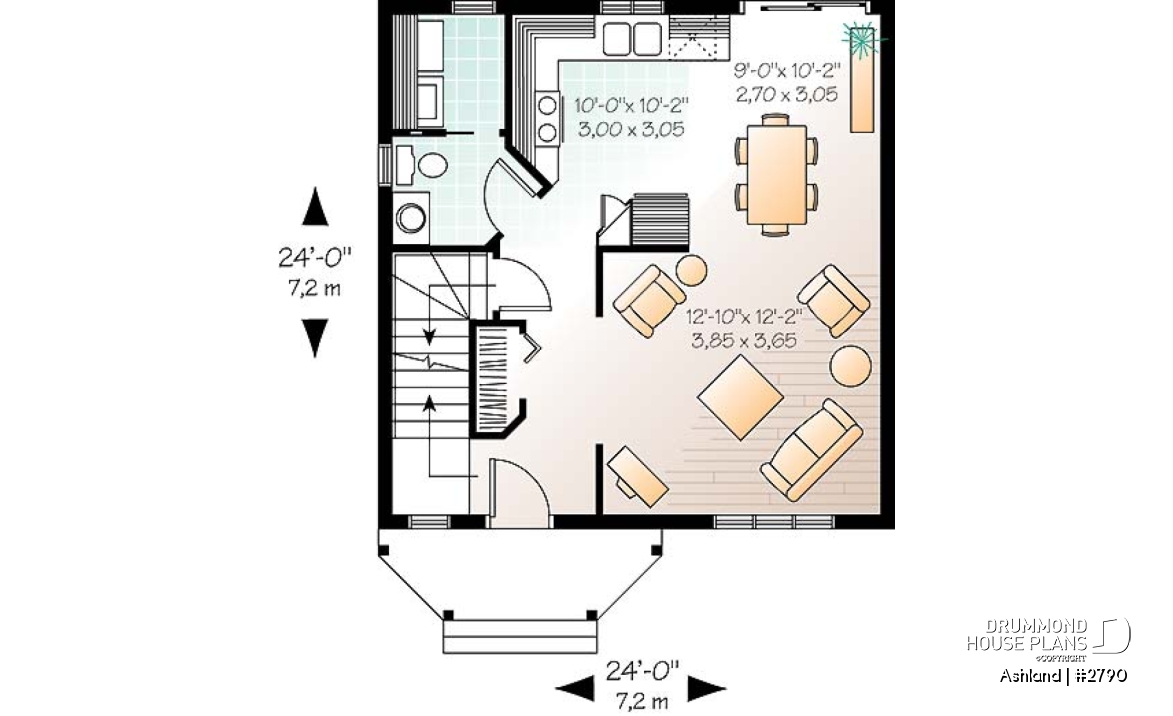 1st level - 3 bedroom cottage house plan, laundry room on main floor, low-budget construction - Ashland