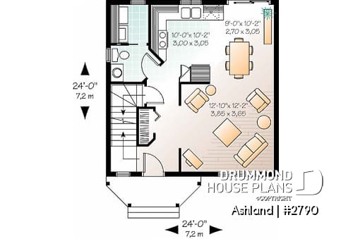 1st level - 3 bedroom cottage house plan, laundry room on main floor, low-budget construction - Ashland