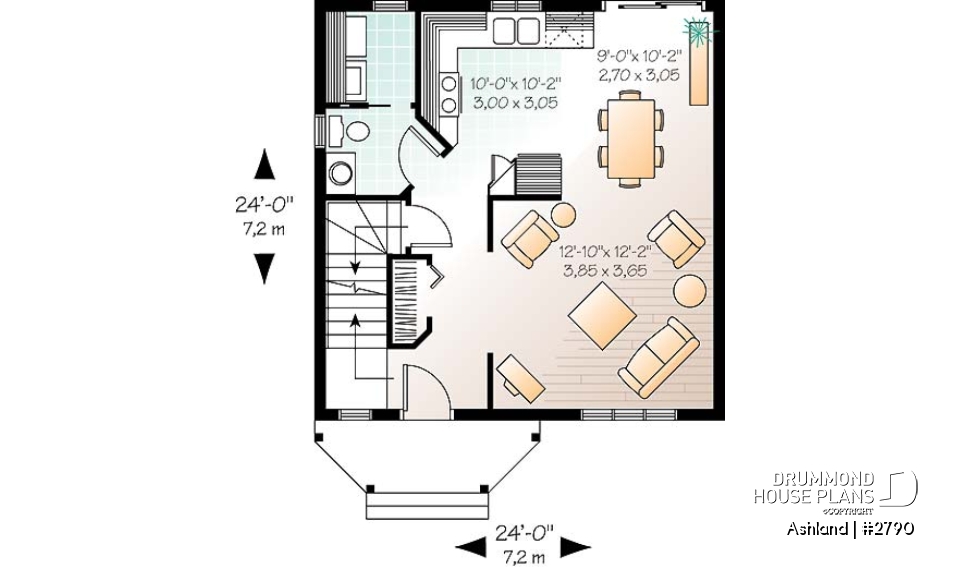 1st level - 3 bedroom cottage house plan, laundry room on main floor, low-budget construction - Ashland