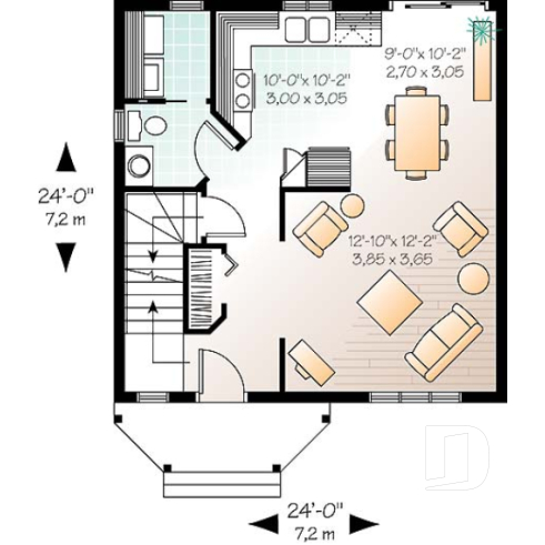 1st level - 3 bedroom cottage house plan, laundry room on main floor, low-budget construction - Ashland