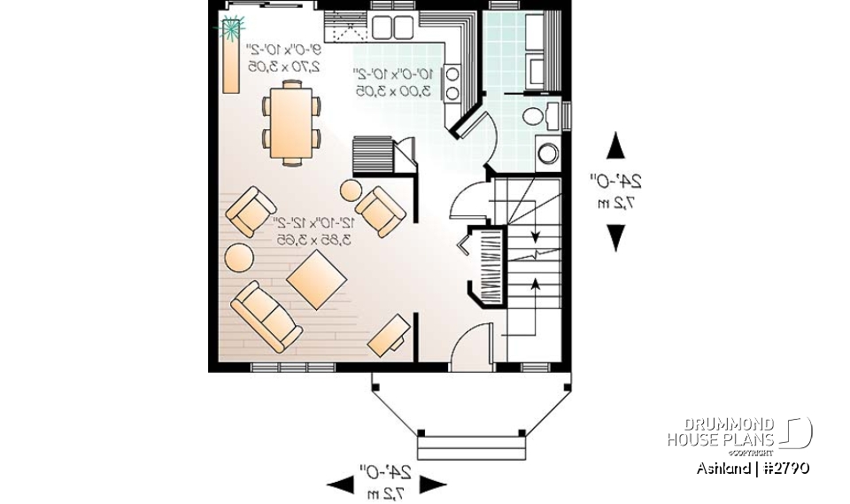 1st level - 3 bedroom cottage house plan, laundry room on main floor, low-budget construction - Ashland