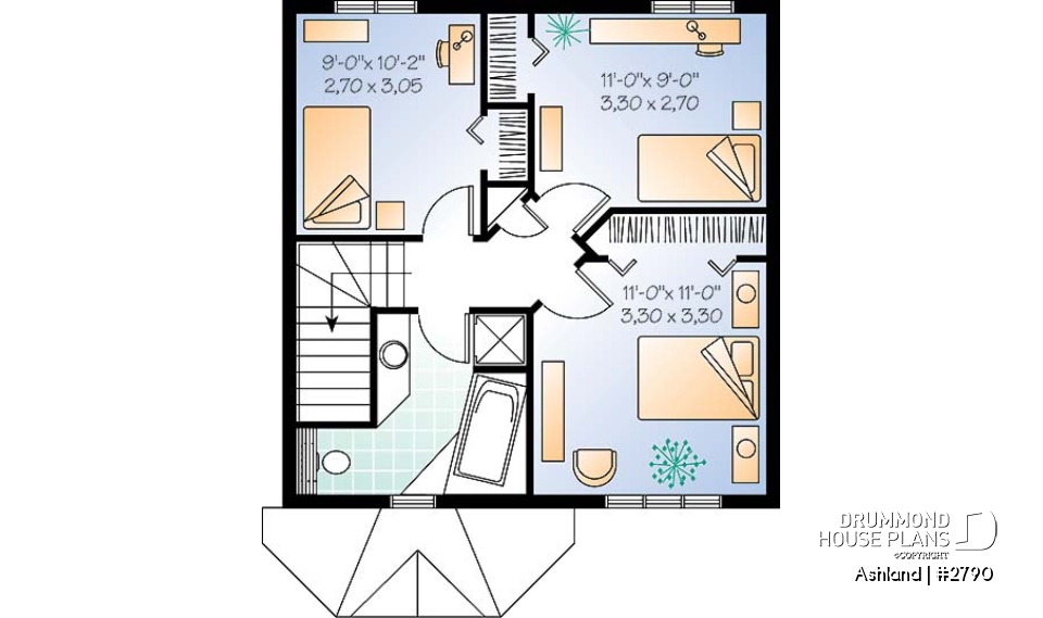 2nd level - 3 bedroom cottage house plan, laundry room on main floor, low-budget construction - Ashland