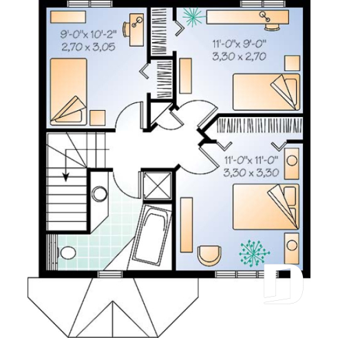 2nd level - 3 bedroom cottage house plan, laundry room on main floor, low-budget construction - Ashland