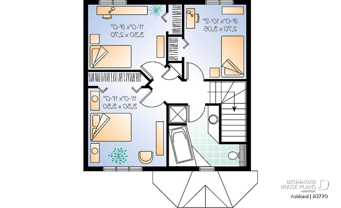 2nd level - 3 bedroom cottage house plan, laundry room on main floor, low-budget construction - Ashland
