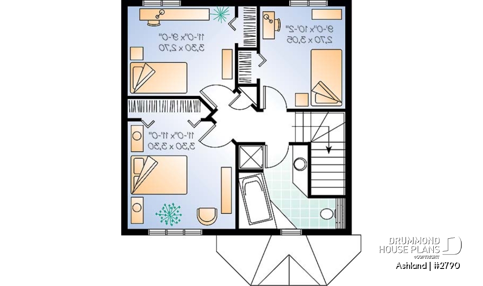 2nd level - 3 bedroom cottage house plan, laundry room on main floor, low-budget construction - Ashland