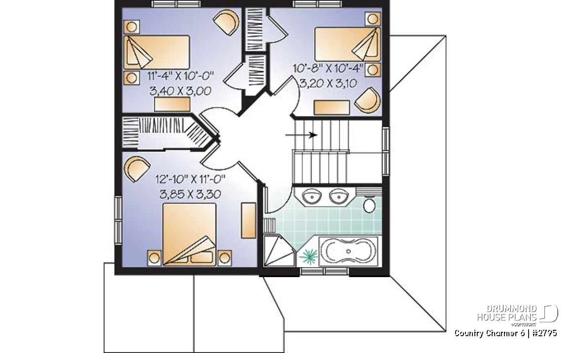 2nd level - 3 bedroom, 2 storey Farmhouse home plan with large kitchen and great family bathroom - Country Charmer 6