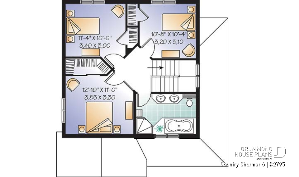 2nd level - 3 bedroom, 2 storey Farmhouse home plan with large kitchen and great family bathroom - Country Charmer 6