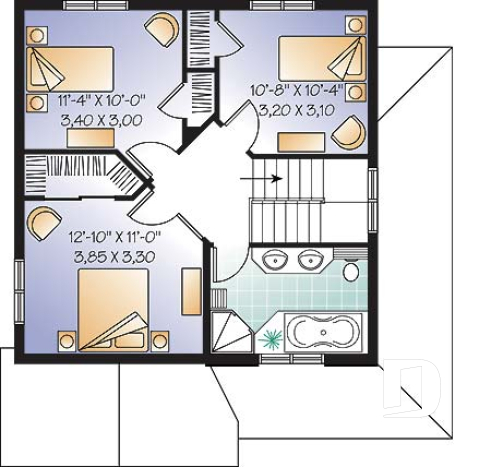 2nd level - 3 bedroom, 2 storey Farmhouse home plan with large kitchen and great family bathroom - Country Charmer 6