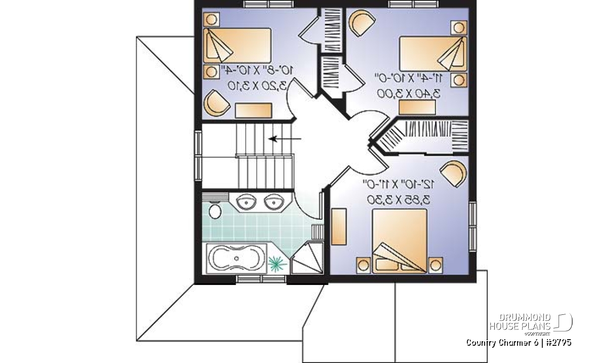2nd level - 3 bedroom, 2 storey Farmhouse home plan with large kitchen and great family bathroom - Country Charmer 6