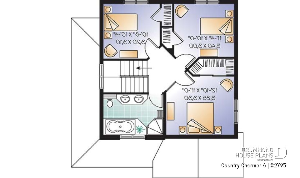 2nd level - 3 bedroom, 2 storey Farmhouse home plan with large kitchen and great family bathroom - Country Charmer 6