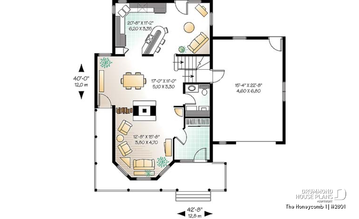 1st level - 3 bedroom Victorian style house plan, large bonus room above garage, two-sided fireplace, 2-car garage - The Honeycomb 1