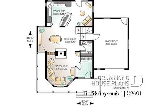 1st level - 3 bedroom Victorian style house plan, large bonus room above garage, two-sided fireplace, 2-car garage - The Honeycomb 1