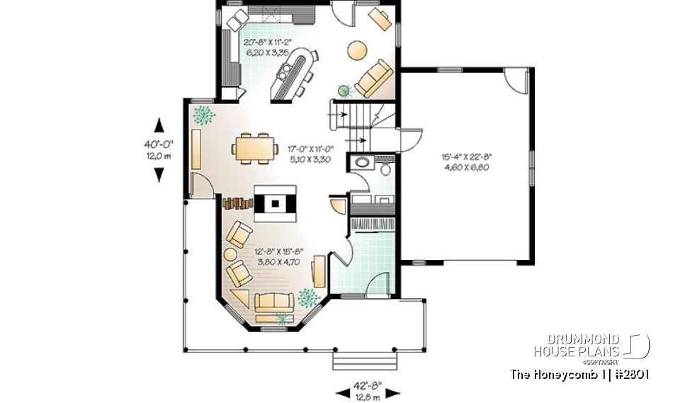 1st level - 3 bedroom Victorian style house plan, large bonus room above garage, two-sided fireplace, 2-car garage - The Honeycomb 1