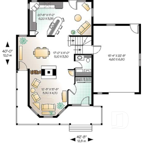 1st level - 3 bedroom Victorian style house plan, large bonus room above garage, two-sided fireplace, 2-car garage - The Honeycomb 1