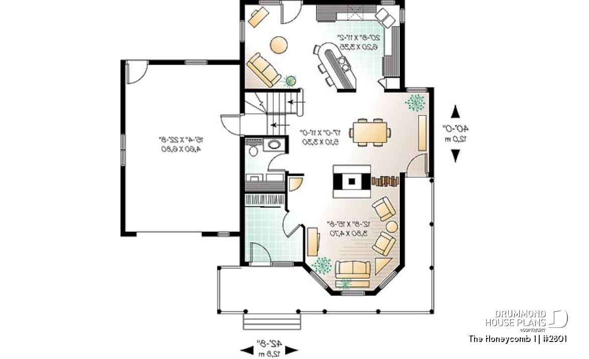 1st level - 3 bedroom Victorian style house plan, large bonus room above garage, two-sided fireplace, 2-car garage - The Honeycomb 1