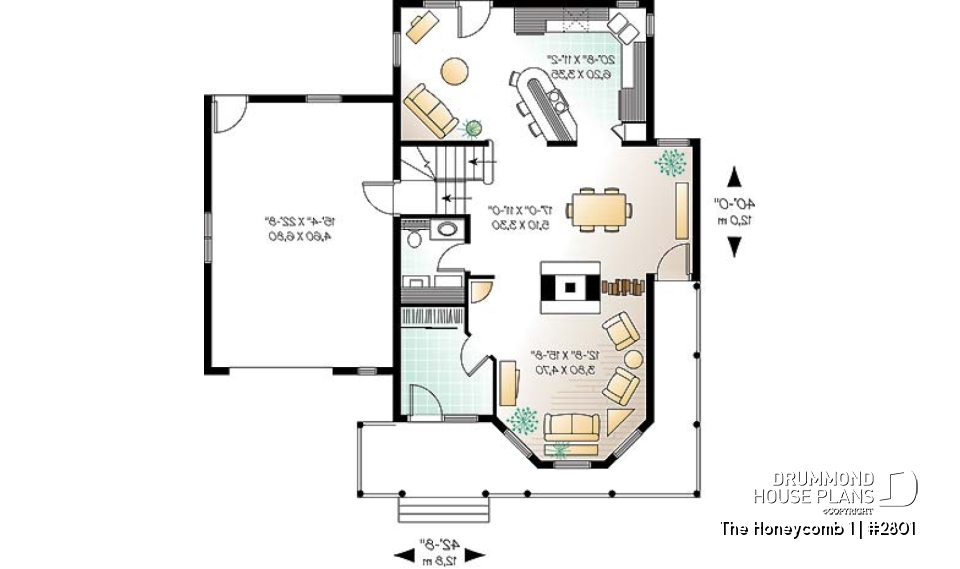 1st level - 3 bedroom Victorian style house plan, large bonus room above garage, two-sided fireplace, 2-car garage - The Honeycomb 1