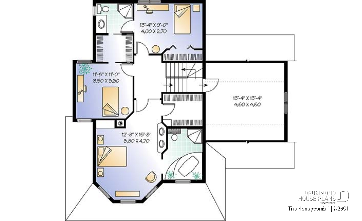 2nd level - 3 bedroom Victorian style house plan, large bonus room above garage, two-sided fireplace, 2-car garage - The Honeycomb 1