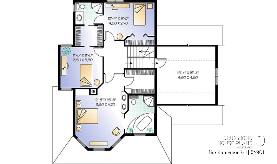 2nd level - 3 bedroom Victorian style house plan, large bonus room above garage, two-sided fireplace, 2-car garage - The Honeycomb 1