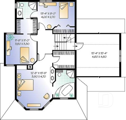 2nd level - 3 bedroom Victorian style house plan, large bonus room above garage, two-sided fireplace, 2-car garage - The Honeycomb 1