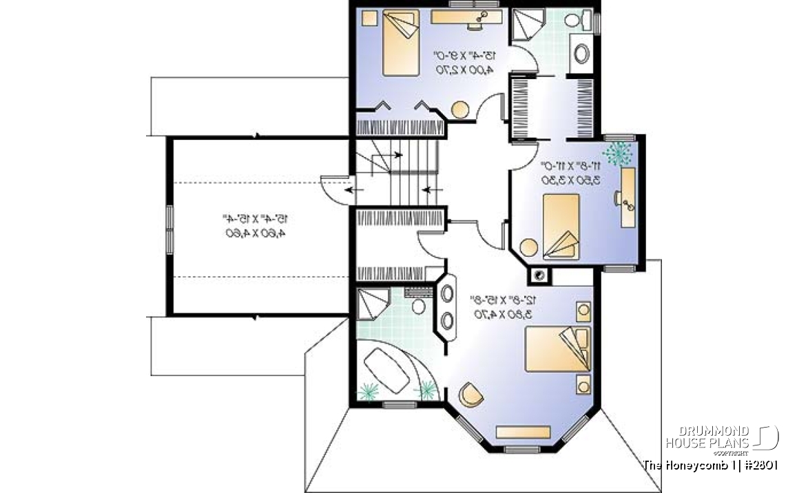 2nd level - 3 bedroom Victorian style house plan, large bonus room above garage, two-sided fireplace, 2-car garage - The Honeycomb 1