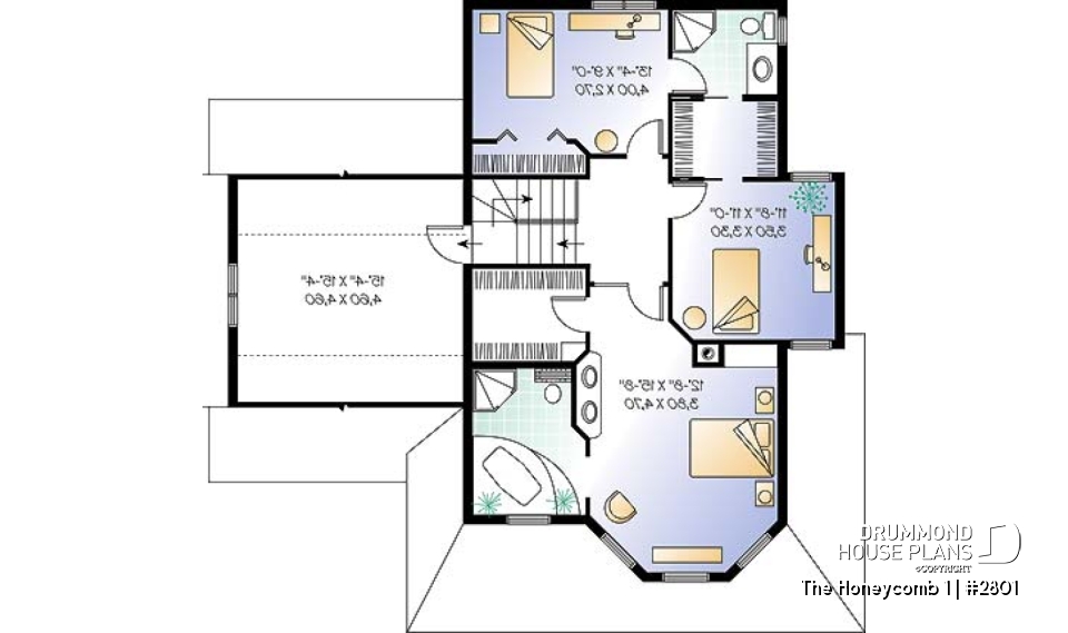 2nd level - 3 bedroom Victorian style house plan, large bonus room above garage, two-sided fireplace, 2-car garage - The Honeycomb 1