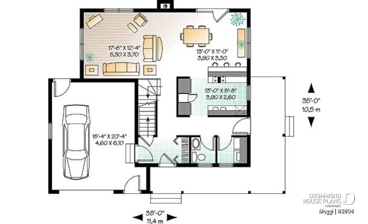 1st level - Traditional two-storey house plan, 3 bedrooms, master suite, large covered porch, great style - Maggi