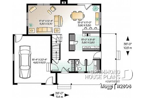 1st level - Traditional two-storey house plan, 3 bedrooms, master suite, large covered porch, great style - Maggi