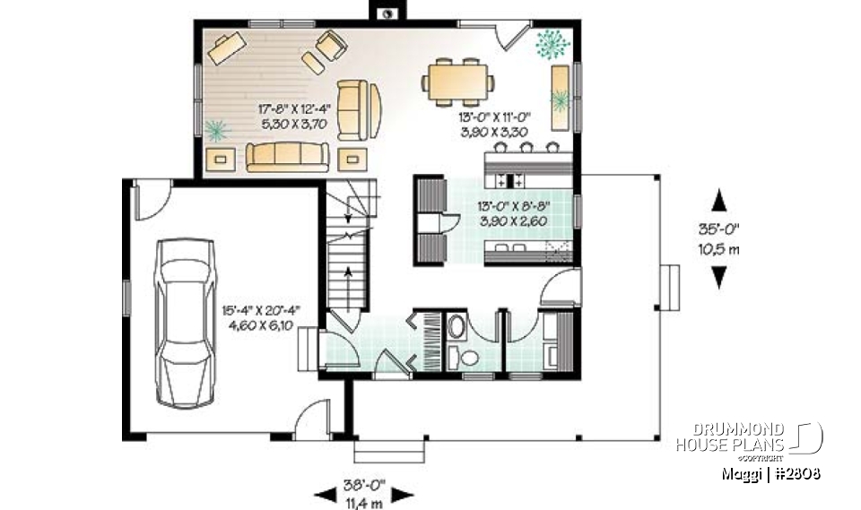 1st level - Traditional two-storey house plan, 3 bedrooms, master suite, large covered porch, great style - Maggi