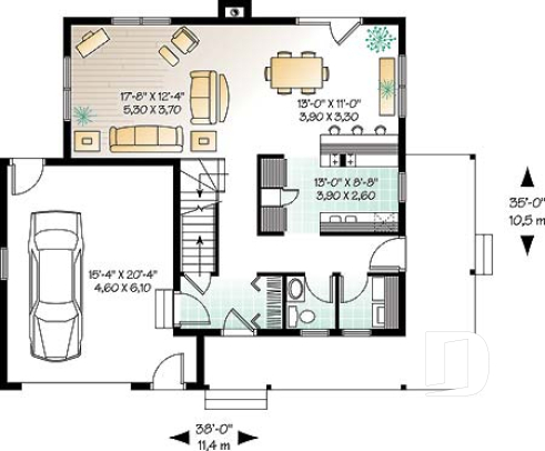 1st level - Traditional two-storey house plan, 3 bedrooms, master suite, large covered porch, great style - Maggi