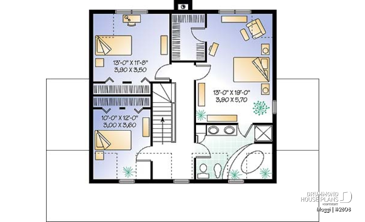 2nd level - Traditional two-storey house plan, 3 bedrooms, master suite, large covered porch, great style - Maggi
