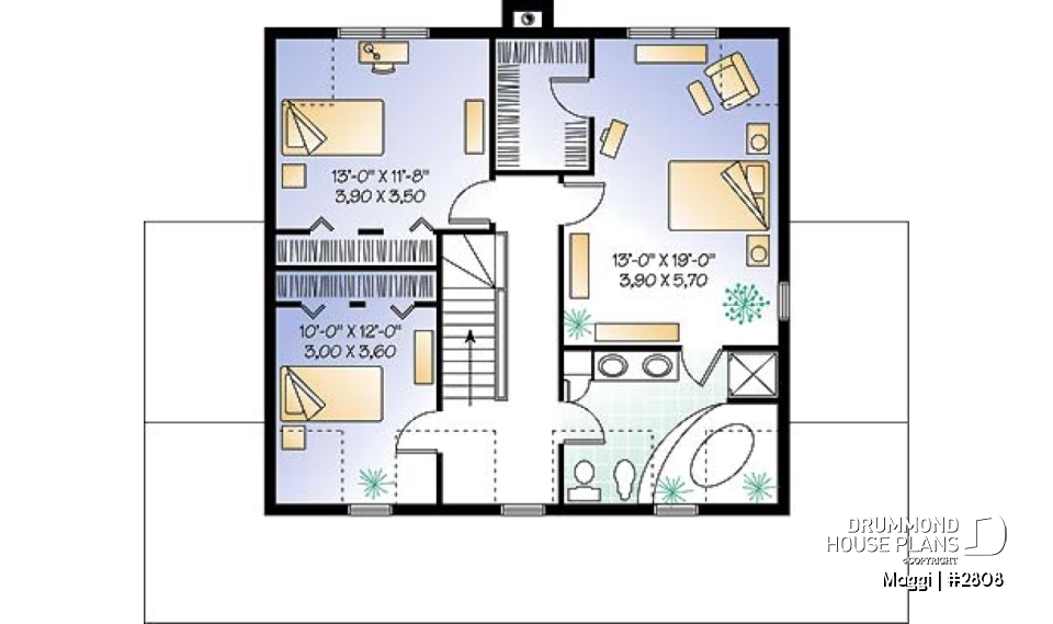 2nd level - Traditional two-storey house plan, 3 bedrooms, master suite, large covered porch, great style - Maggi