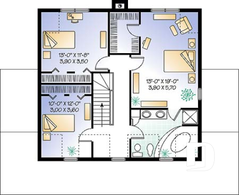 2nd level - Traditional two-storey house plan, 3 bedrooms, master suite, large covered porch, great style - Maggi