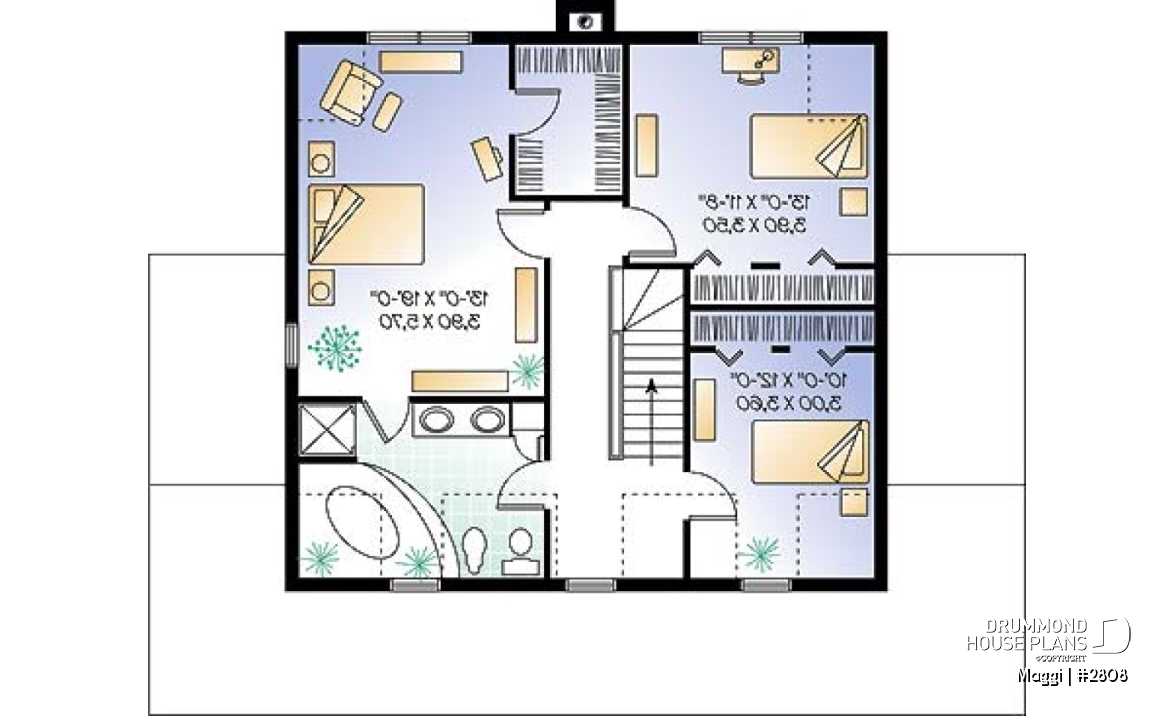2nd level - Traditional two-storey house plan, 3 bedrooms, master suite, large covered porch, great style - Maggi