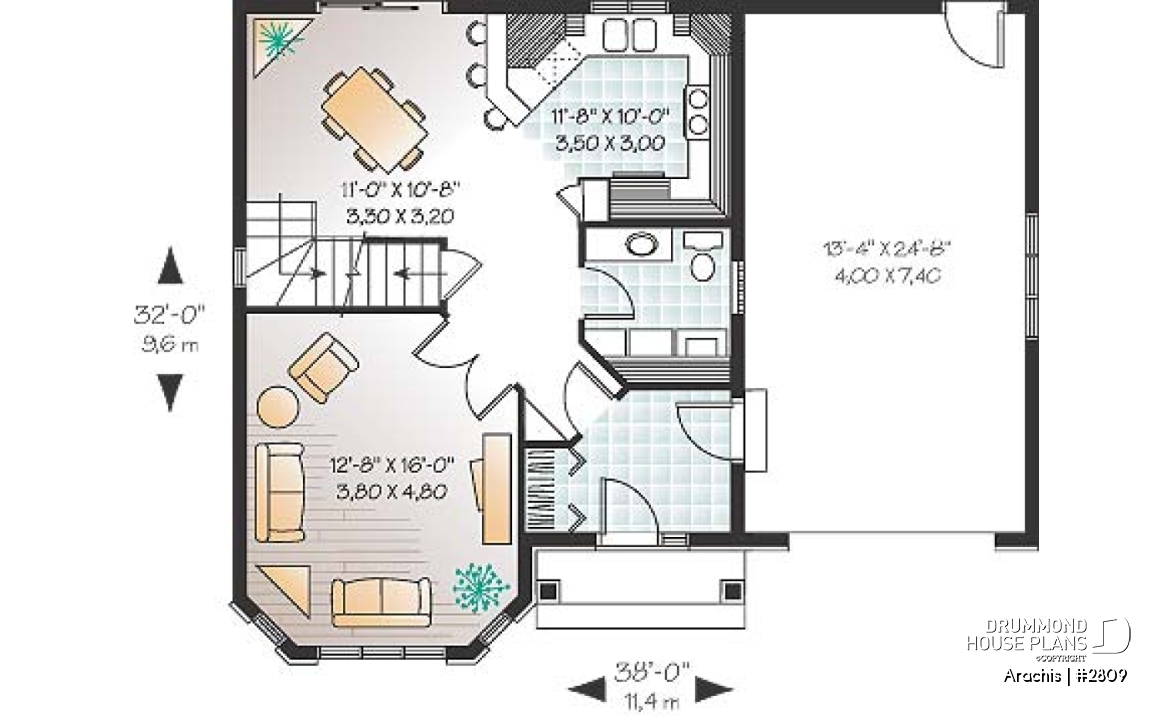 1st level - 2-storey house plan with 3 bedrooms and a garage, french door in living room - Arachis