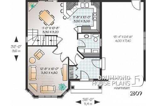 1st level - 2-storey house plan with 3 bedrooms and a garage, french door in living room - Arachis