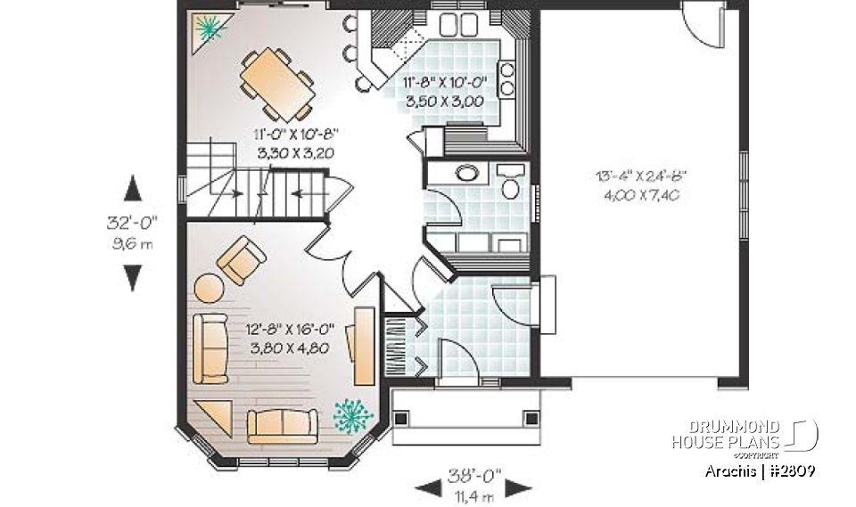 1st level - 2-storey house plan with 3 bedrooms and a garage, french door in living room - Arachis