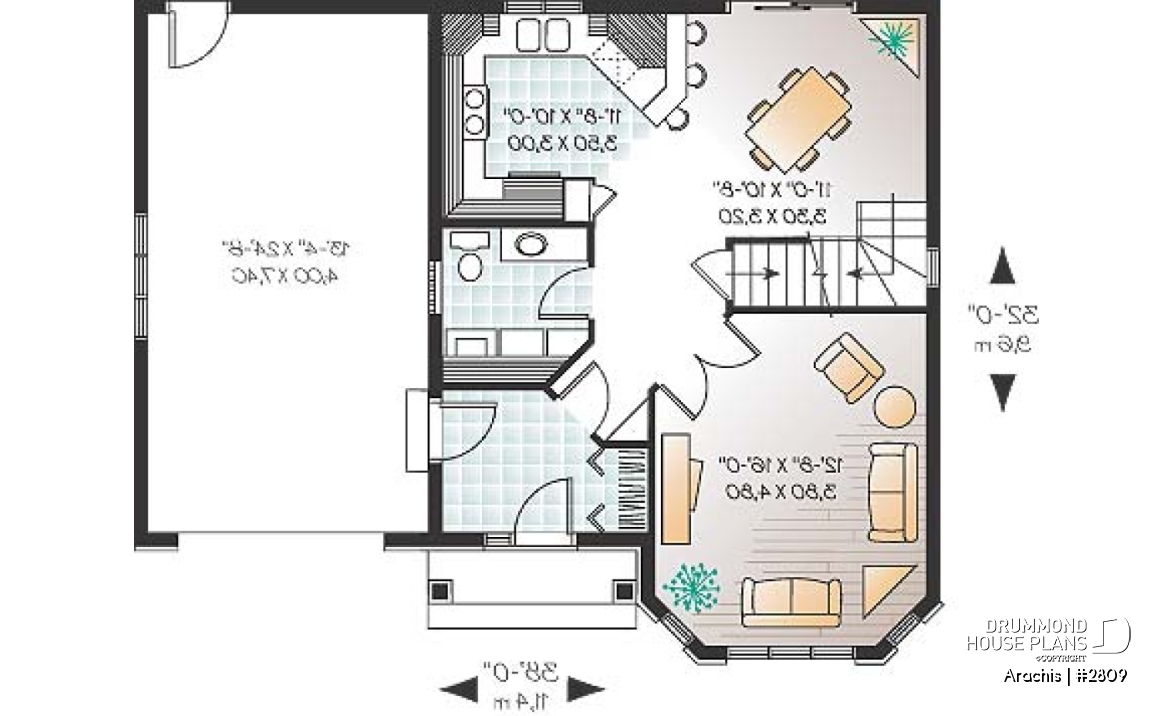1st level - 2-storey house plan with 3 bedrooms and a garage, french door in living room - Arachis