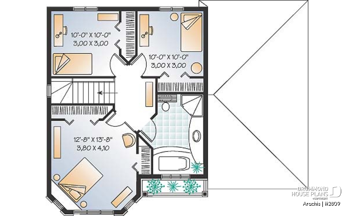 2nd level - 2-storey house plan with 3 bedrooms and a garage, french door in living room - Arachis