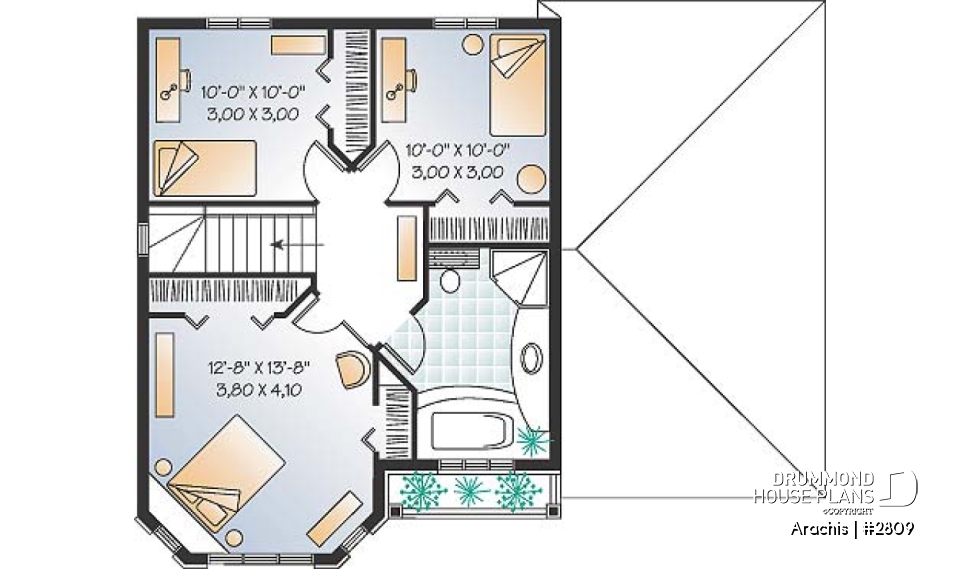 2nd level - 2-storey house plan with 3 bedrooms and a garage, french door in living room - Arachis