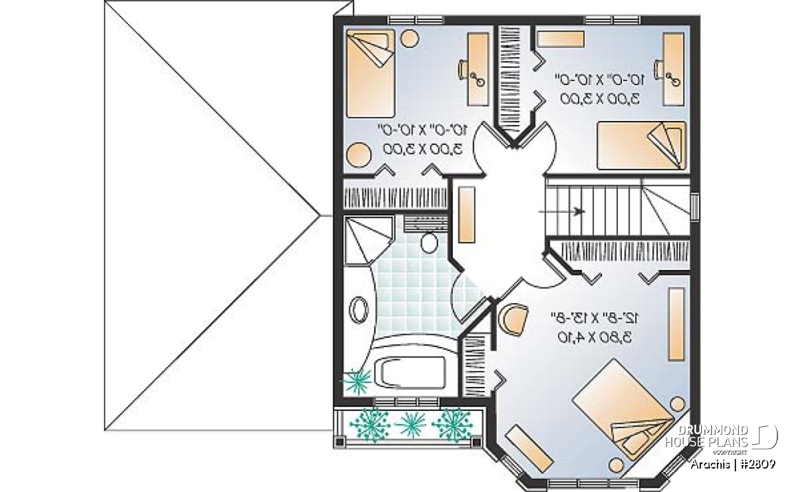 2nd level - 2-storey house plan with 3 bedrooms and a garage, french door in living room - Arachis