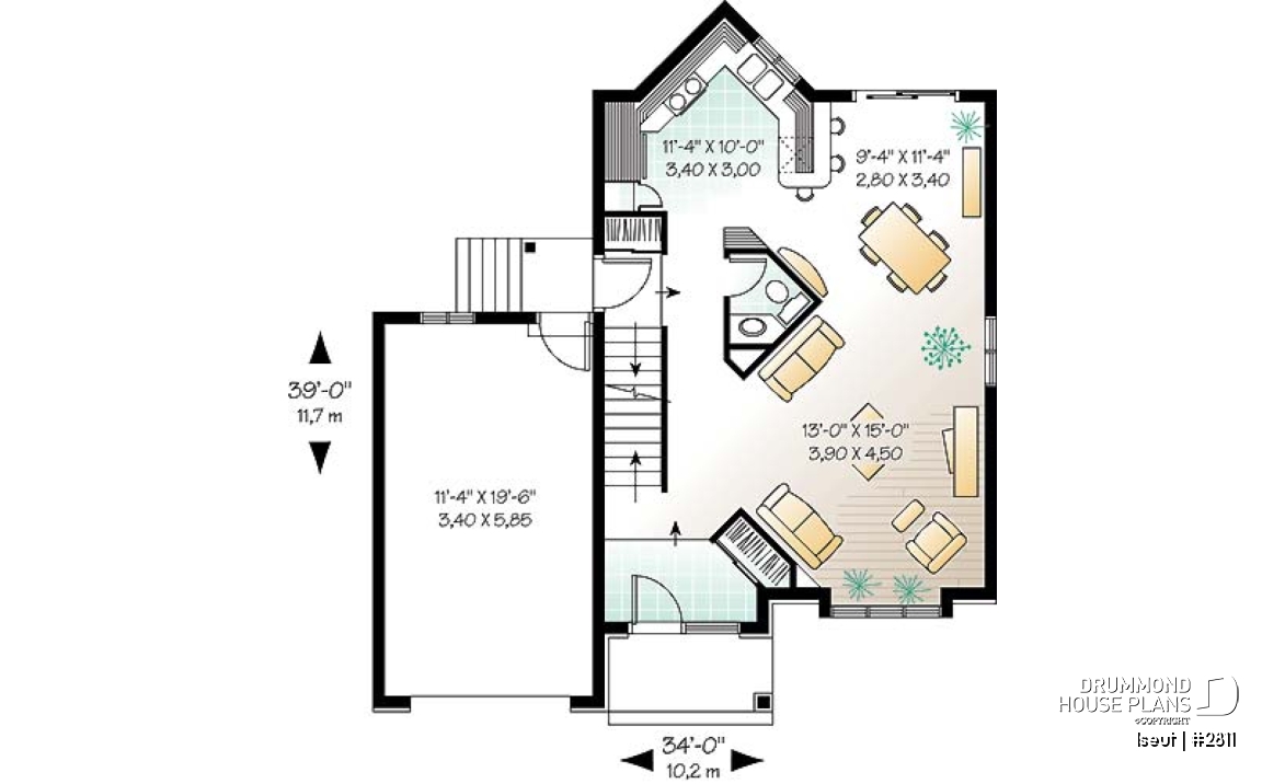 1st level - Two-storey European style affordable house plan, 3 bedrooms, 1.5 bathrooms, garage, open floor plan - Iseut