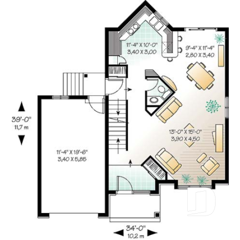 1st level - Two-storey European style affordable house plan, 3 bedrooms, 1.5 bathrooms, garage, open floor plan - Iseut