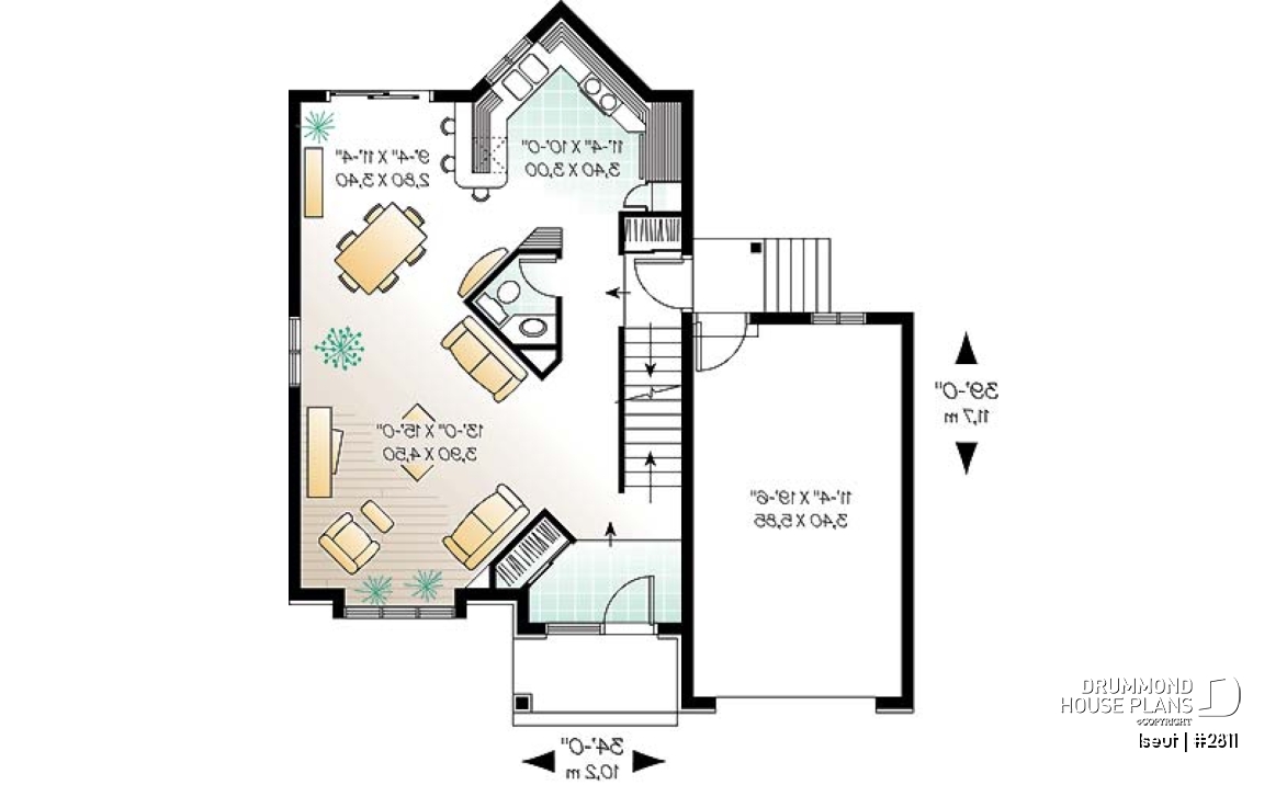 1st level - Two-storey European style affordable house plan, 3 bedrooms, 1.5 bathrooms, garage, open floor plan - Iseut