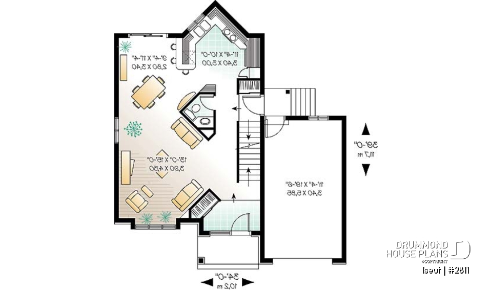 1st level - Two-storey European style affordable house plan, 3 bedrooms, 1.5 bathrooms, garage, open floor plan - Iseut