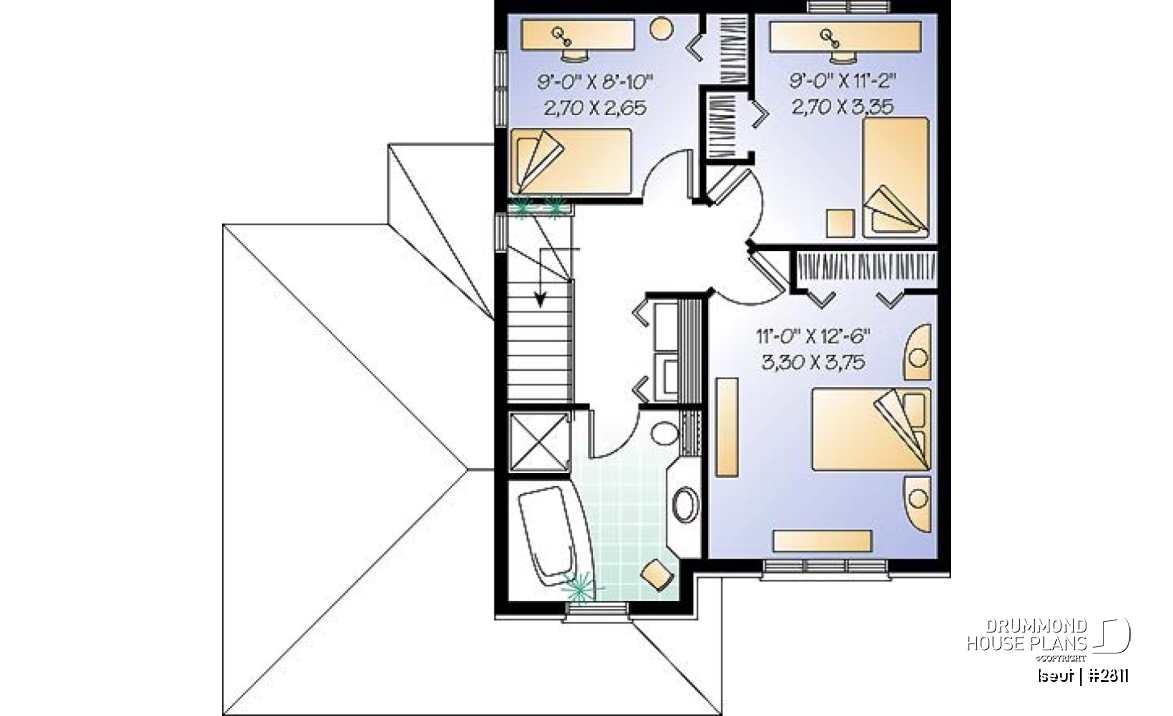 2nd level - Two-storey European style affordable house plan, 3 bedrooms, 1.5 bathrooms, garage, open floor plan - Iseut