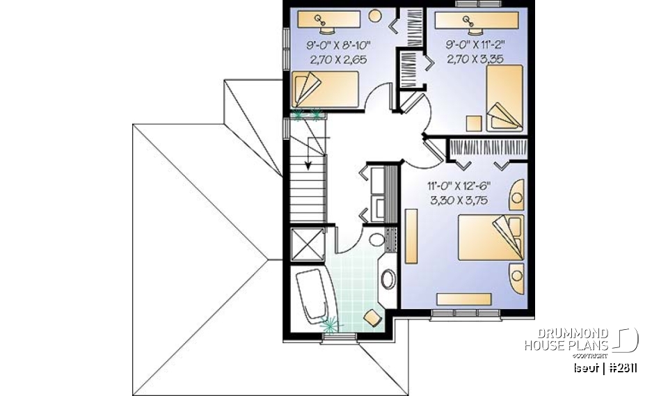 2nd level - Two-storey European style affordable house plan, 3 bedrooms, 1.5 bathrooms, garage, open floor plan - Iseut