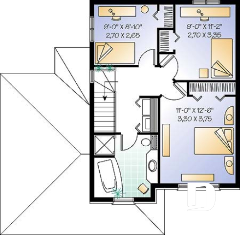 2nd level - Two-storey European style affordable house plan, 3 bedrooms, 1.5 bathrooms, garage, open floor plan - Iseut