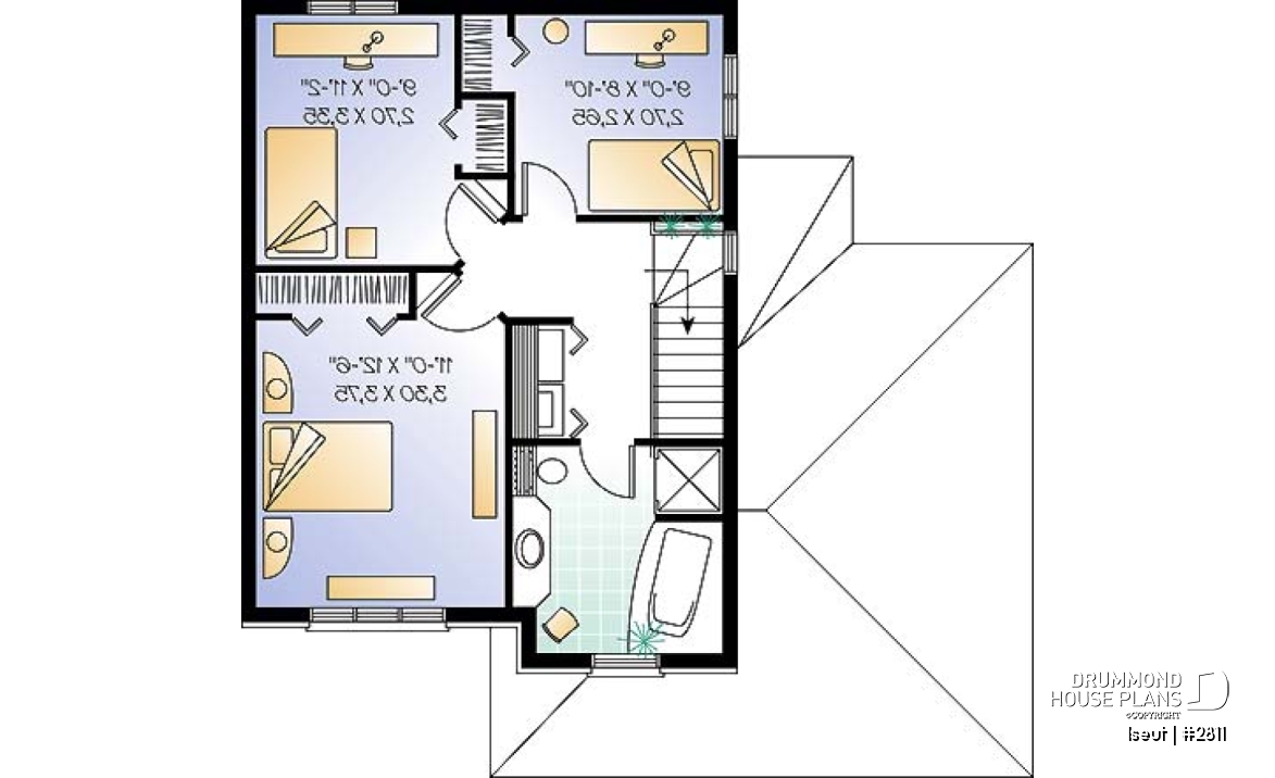 2nd level - Two-storey European style affordable house plan, 3 bedrooms, 1.5 bathrooms, garage, open floor plan - Iseut